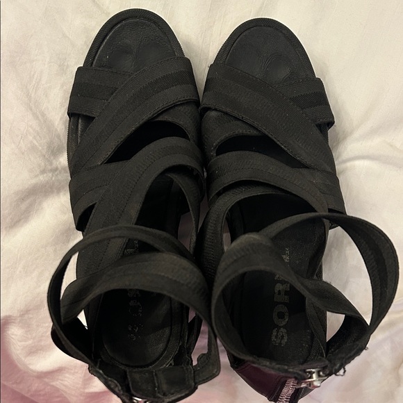 Sorel Joanie ll Black Ankle Strap Wedge Sandals - Picture 7 of 9